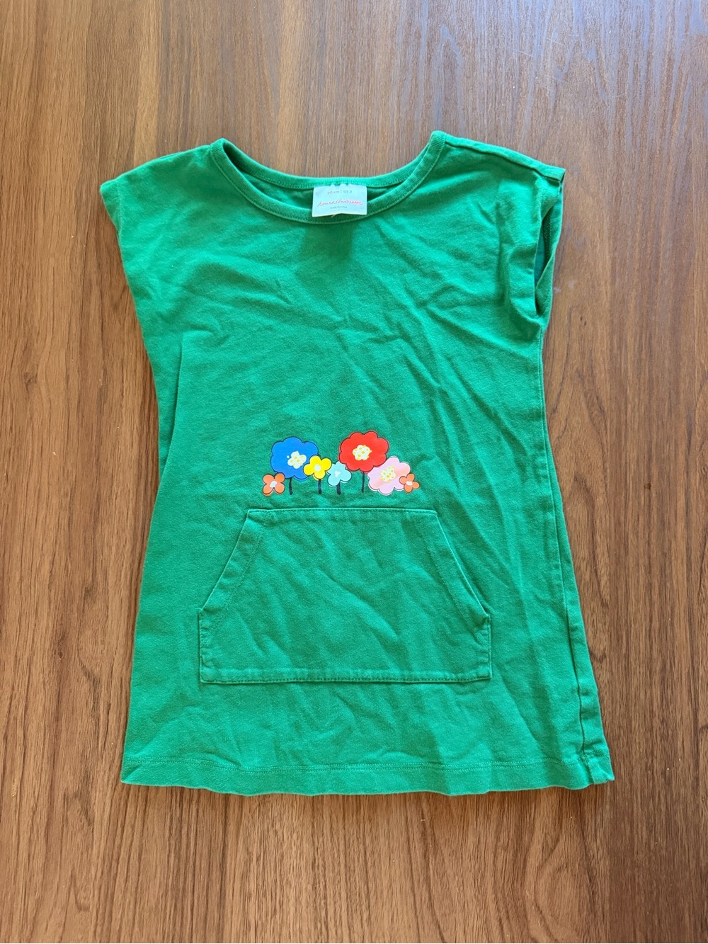 Hanna Andersson Size 3 90cm Simple Green 100% Cotton Dress W/ FLoral Design